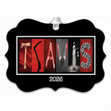 Personalized horror letter art ornament with 2026 date and white ribbon