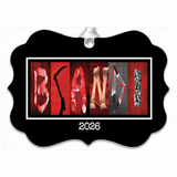 Personalized horror letter art ornament with 2026 date and white ribbon