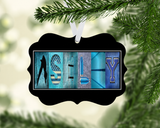 Personalized diving letter art ornament with white hanging ribbon