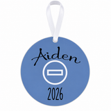 Personalized wrestling mat ornament with Aiden and 2026, white ribbon on white background