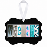 Personalized beach photographic letter art metal ornament with white ribbon on white background