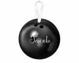 Jacob personalized black bowling ball flat metal ornament with white ribbon