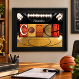 Basketball COACH letter art with Thanks above photographic letters, displayed in a black frame in a coach office
