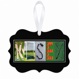Personalized field hockey photographic letter art metal ornament with white ribbon on white background