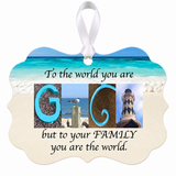 GIGI beach letter art ornament with white hanging ribbon on white background