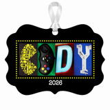 Personalized video game photographic letter art ornament, 2026, white hanging ribbon, Cody sample