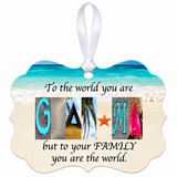 Glam-ma coastal letter art ornament with white ribbon