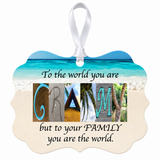 Grammy coastal photographic letter art ornament with family message and white ribbon on white