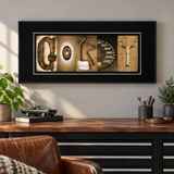 Gordy car part photographic letter art in a black frame displayed above a garage workbench