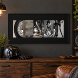Original motorcycle photographic letter art with black matte in a motorcycle enthusiast's den