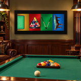 Original DAVE billiards photographic letter art on black matte displayed above a pool table
