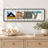 ABBY beach letter art with shelter, rope, sand, and palm photographs on a printed whitewashed wood background in a coastal room