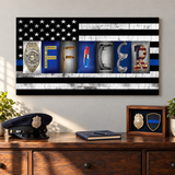 OFFICER thin blue line flag letter art displayed with a police uniform cap and service badge display.