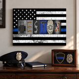 WESTON police officer flag letter art displayed with a police uniform cap and badge keepsake display.