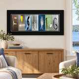 Personalized fishing letter art displayed above an oak console in a lake house.