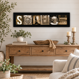 Original SOPHIE rustic sepia letter art displayed above a farmhouse console