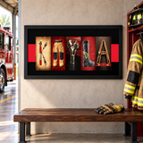 Personalized framed firefighter photo letter art with a red band displayed in a fire station gear room