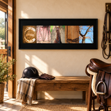 Personalized EMILY horse photo letter art displayed in an equestrian tack room with a saddle and riding gear