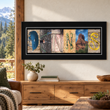 Rock climbing photographic letter art displayed in a mountain cabin above a wood console