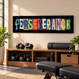 Colorful PERSEVERANCE photographic letter art displayed above weights and exercise equipment in a home gym.