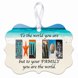 Mom-Mom coastal letter art metal ornament with a white ribbon