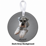 ABBY pet photo ornament, dark gray background with white ribbon