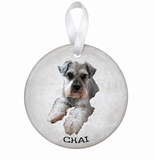 CHAI pet photo ornament, light gray background with white ribbon