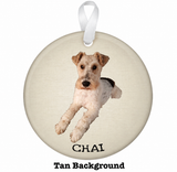 CHAI pet photo ornament, tan background with white ribbon