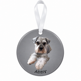 ABBY pet photo porcelain ornament, dark gray background and white ribbon