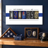 Personalized police retirement letter art displayed with a folded American flag, badge keepsake box, and uniform cap.