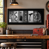 Original RETIRED automotive photographic letter art on black matte displayed in a mechanic workshop