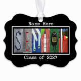 Personalized Track and Field Senior Class of 2027 metal ornament with white ribbon