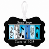 Personalized music graduation ornament Class of 2027 with white ribbon