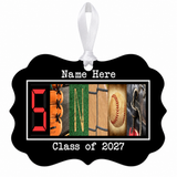 Senior Baseball Class of 2027 personalized metal ornament with white ribbon