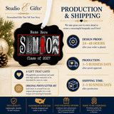 Senior Class of 2027 ornament proof production and shipping times with white ribbon