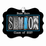 Senior Class of 2027 ornament blue gown sample with white ribbon
