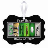 Senior golf letter art ornament Class of 2027 with white ribbon