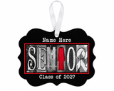 Personalized senior ornament Class of 2027 with red gown and white ribbon