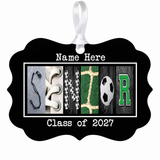Senior Soccer Class of 2027 personalized metal ornament white ribbon