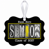 Senior graduation letter art ornament with yellow gown Class of 2027 and white ribbon