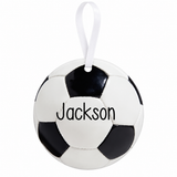 Personalized Jackson soccer metal ornament with white hanging ribbon on white background