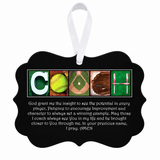 Softball COACH photographic letter art and coach prayer on black metal ornament with white ribbon