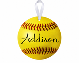 Personalized Addison softball flat metal ornament with white ribbon