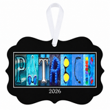 Personalized swimming photographic letter art ornament with 2026 date and white ribbon
