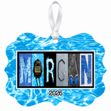 Morgan swimming name ornament 2026 with white ribbon