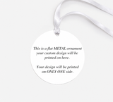 Flat single-sided metal ornament details with white ribbon