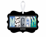 MEGAN volleyball letter art ornament 2026 with white ribbon