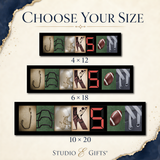 The image is a collage of three framed images, each containing a different football-related item such as a helmet, a football, and a pair of cleats. The images are arranged in a grid format, with each row representing a different size of frame. The text above the collage reads "Choose Your Size" and below the collage, it says "Studio & Gifts®".