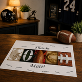 A personalized football-themed thanks card with various football images and names, placed on a wooden desk.
