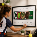 A young woman is writing on a framed sign that says "COACH" with various sports equipment, such as a baseball, a football, and a baseball glove, as part of the design.